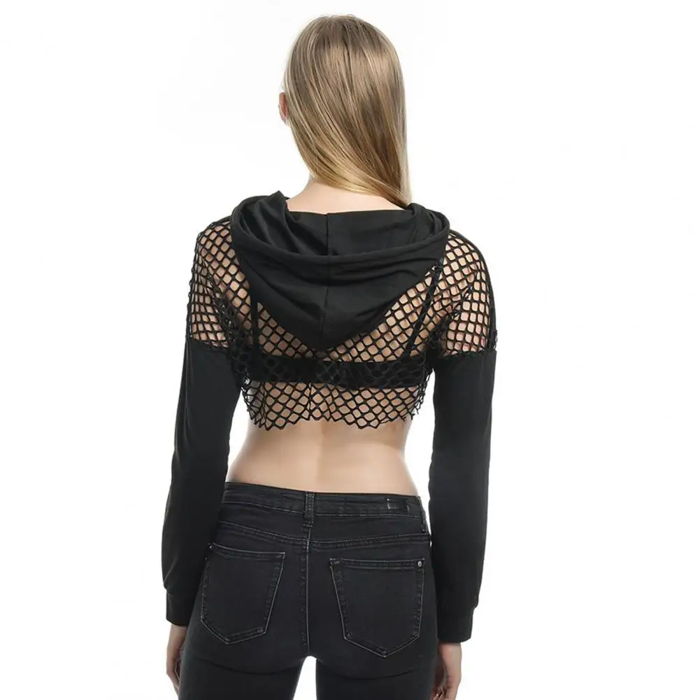 Women Long Sleeve Hooded Top Stylish Women's Mesh Patchwork Hoodie with Drawstring Waist Exposed Midriff Streetwear Club Party