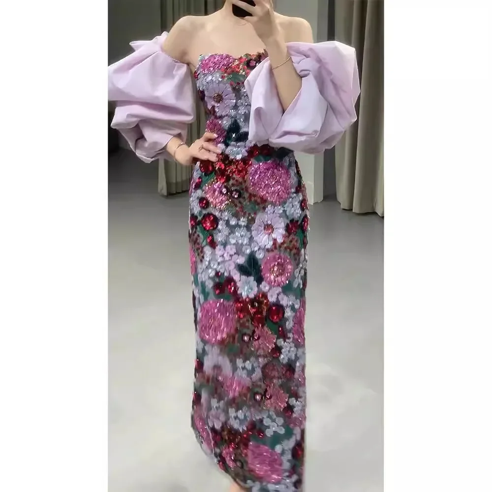 Sexy Party Evening Dresses for Women Retro Arabic Unloadable Puff Sleeves Sequined Slimming Long Skirts Strapless Dress Vestidos