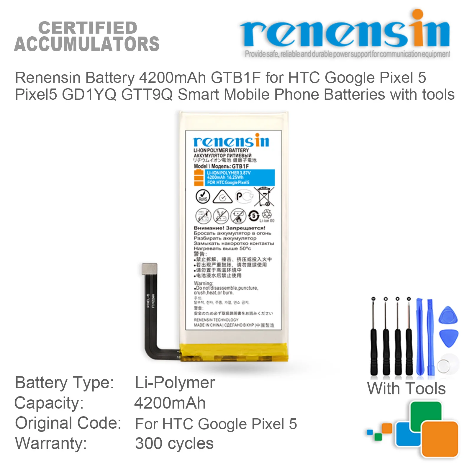 Renensin Battery 4200mAh GTB1F for HTC Google Pixel 5  Pixel5 GD1YQ GTT9Q Smart Mobile Phone Batteries with tools