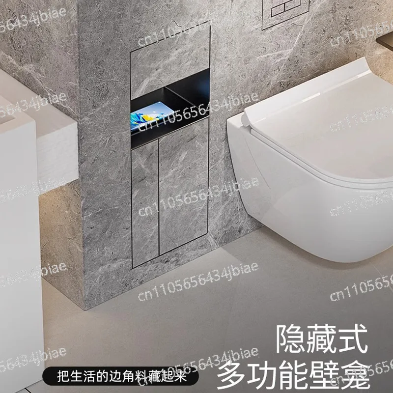 

Встраиваемая ниша для ванной из нержавеющей стали 304 с скрытым мусорным баком, держателем для туалетной щетки и скрытым диспенсером для салфеток.