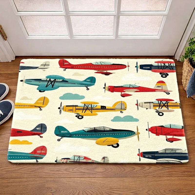 Classic Propeller Plane Silhouette Anti Skid Welcome Mat Entryway Carpet Durable Waterproof Design Nostalgic Charm