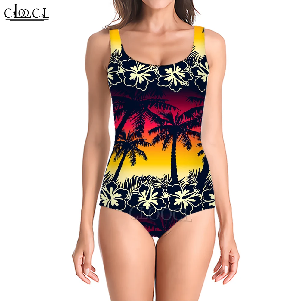 CLOOCL One-Piece Swimsuit Women Party Beach Wear Coconut Sunset Print Bathing Suit Push Up Sleeveless Monokini Summer Clothes