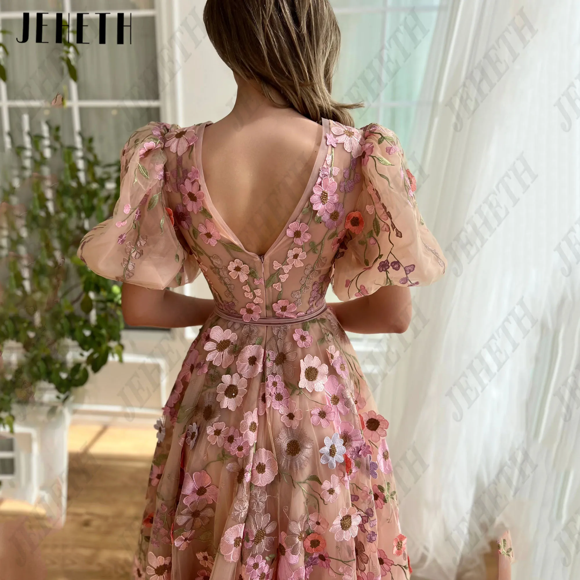 JEHETH Flowers Deep V-Neck Prom Dress Puff Sleeves A-Line Embroidery Long Party Gowns Woman Backless Custom Vestidos De Festa