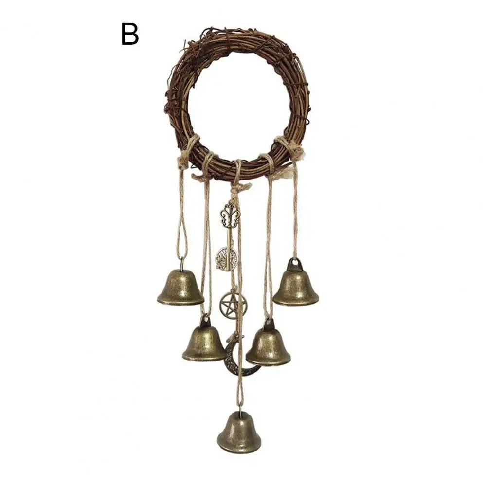 Witch Wind Chime Handmade Brass Bell Witchcraft Door Hanger with Rattan Wreath Wind Chime Decoration for Home Protection Wicca