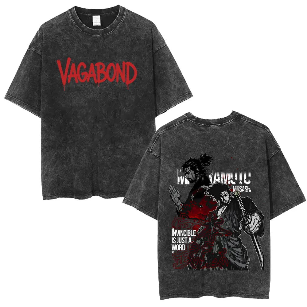 Washed Vintage Anime Vagabond Miyamoto Musashi Invincible Is Just A Word Graphic T-shirt Men Women Manga Retro Oversized T Shirt