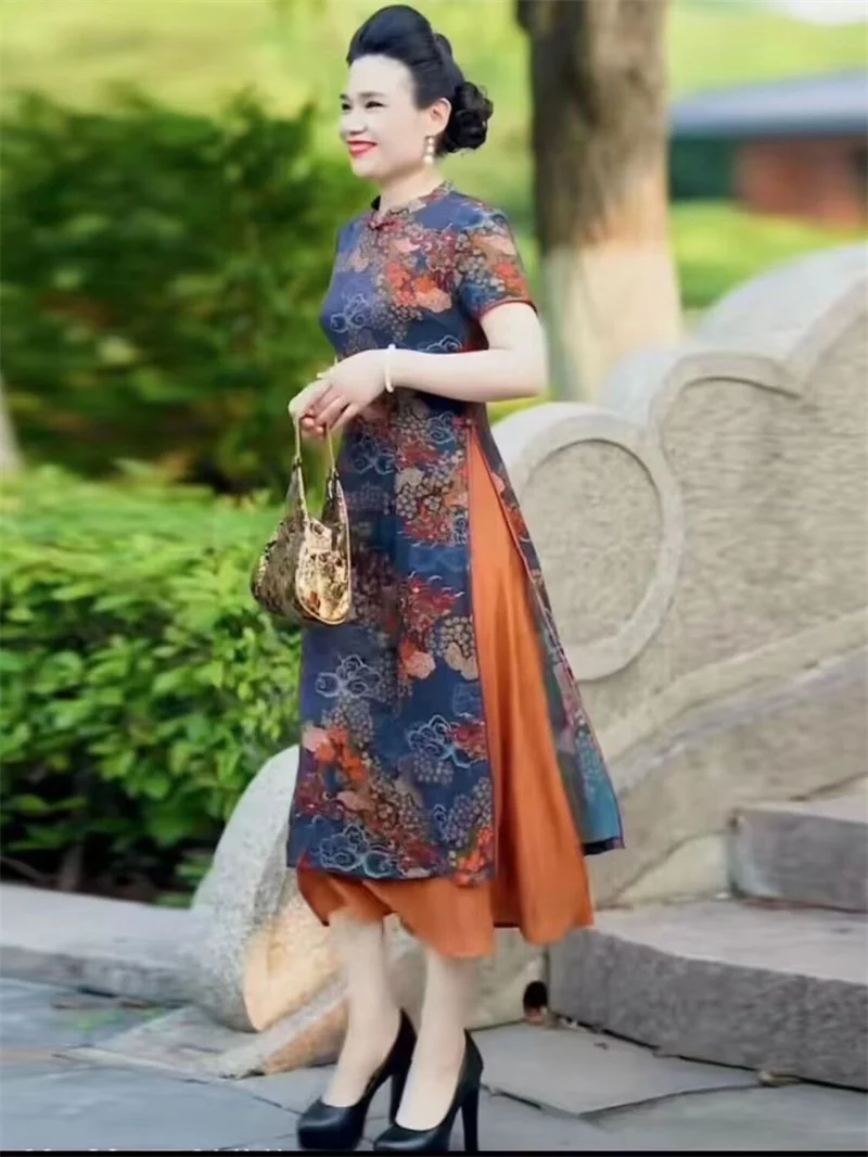 Women\'s Dress 2025 Summer Loose Ethnic Style Retro mom Outfit Improved Cheongsam Dress Print Medium Long A-line Skirt Commuting