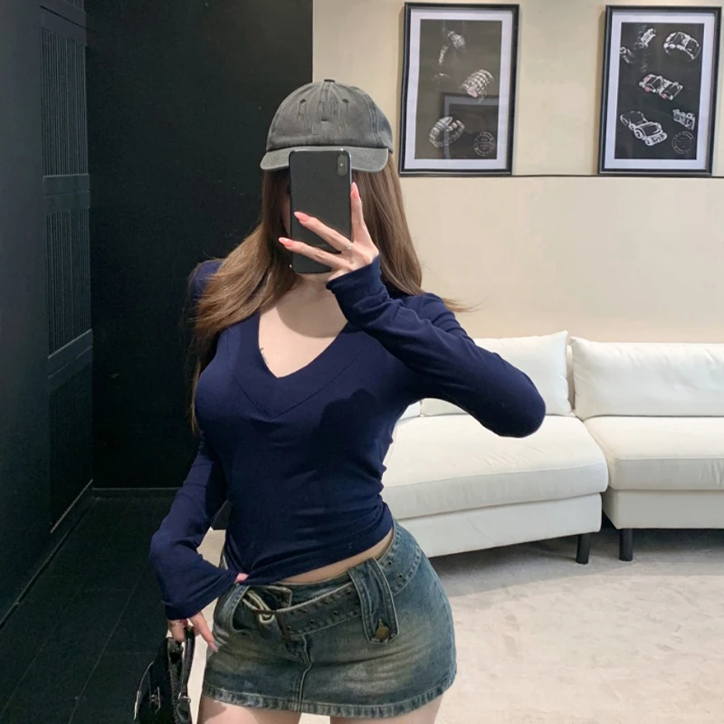 Early Autumn Pure Desire Sexy Deep V Neck Straight Shoulder Long Sleeve Slim Fit Thin Versatile Bottoming Shirt Top