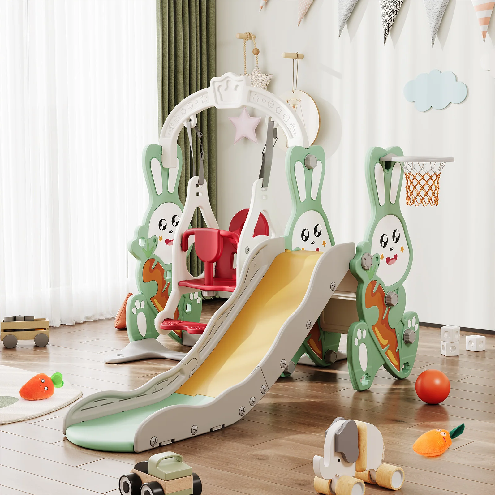 Anajqaqia 119×153×118 cm Juego de columpio y tobogán 4 en 1, columpio, escaleras fáciles de clalar, tobogán, aro de baloncesto, columpio para niños