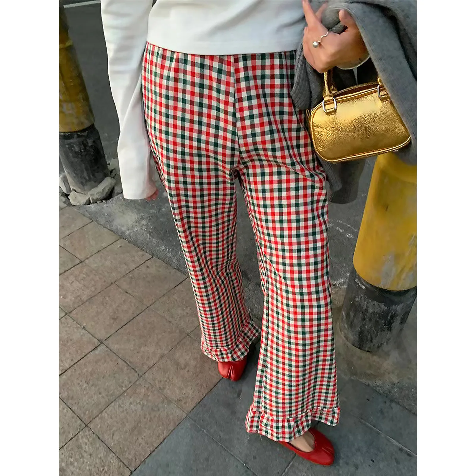 격자 무늬 9점 바지 여성 2025 여름 루즈핏 게으른 대비 하이웨이스트 캐주얼 루즈 9점 바지