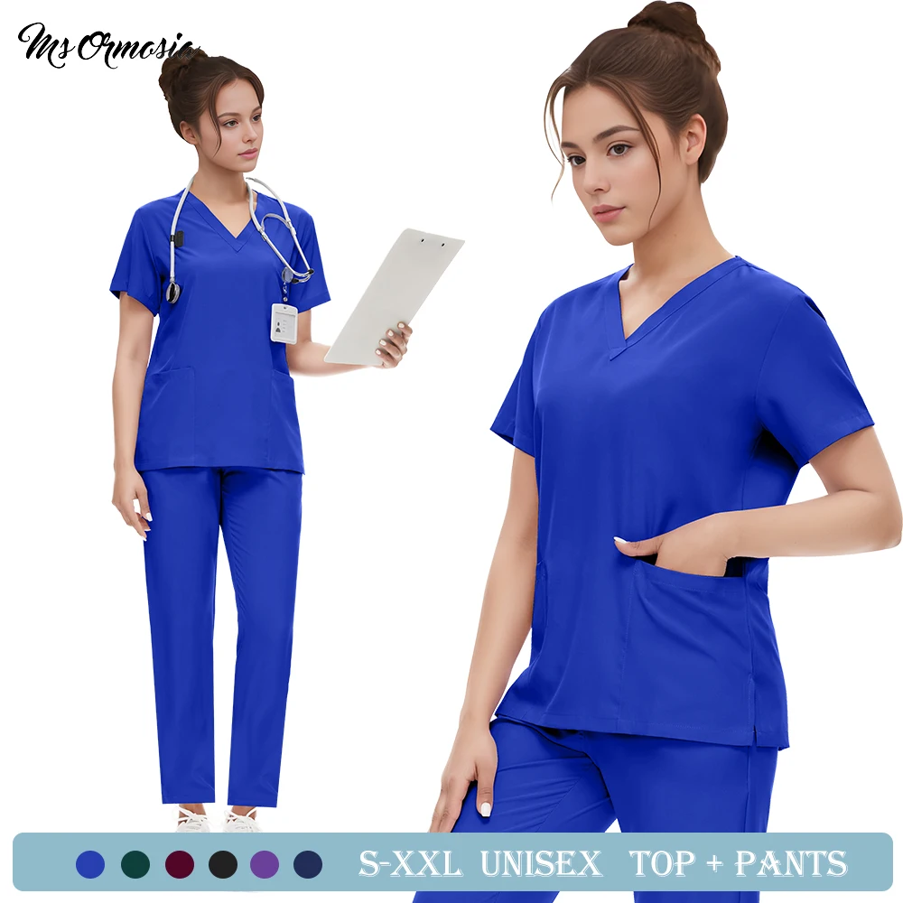 Anti-Wrinkle Medical Surgical Gown Nursing Scrubs Set Wholesale Hospital Scrub Top Straight Pants Doctor Nurse Uniform Men Women