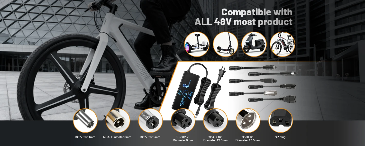 54.6V 3A E-Scooter Charger with 7 Plugs & Smart LCD Touch-Screen, UL Certified Fast Charger for 48V Li-ion Battery, Replacement