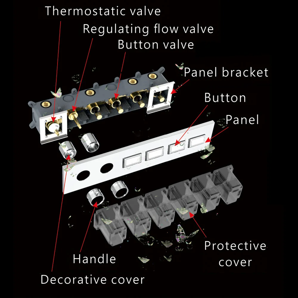 Concealed Thermostatic Shower System Regulating Flow Rate Valve 4 Ways Button Chrome Brass Shower Faucet Modern Bathroom Showers