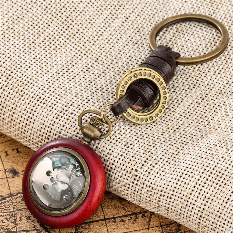 Creative Red Wood Case Roman Number Display Pocket Watch Quartz Movement Portable Key Ring Design Clock for Men Women Timepiece