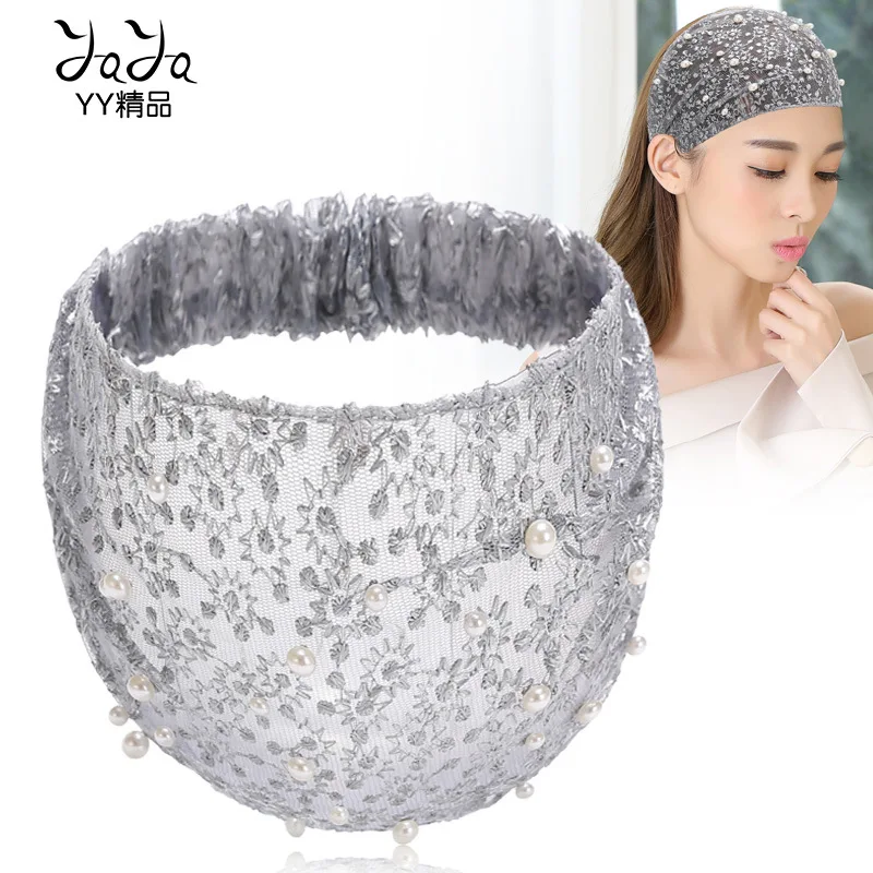 Summer Women Headband Elegant Pearl Lace Flowers Headwear Headwrap Stretch Turban Hairband Spa Bandana Girls Hair Accessories