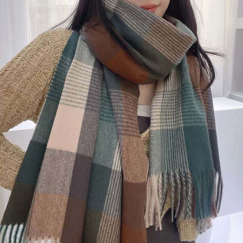 Winter Korean Style Mutilcolor Cashmere Big Checkered Scarf Thick Warm Shawl Women's Multi functional Headscarf Tassel Scarf