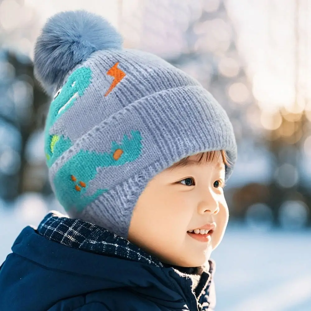 Cute 2-8year Boy Girl Baby Knitted Hat Cartoon Dinosaur Windproof Kids Earmuffs Cap Warm Winter Cap