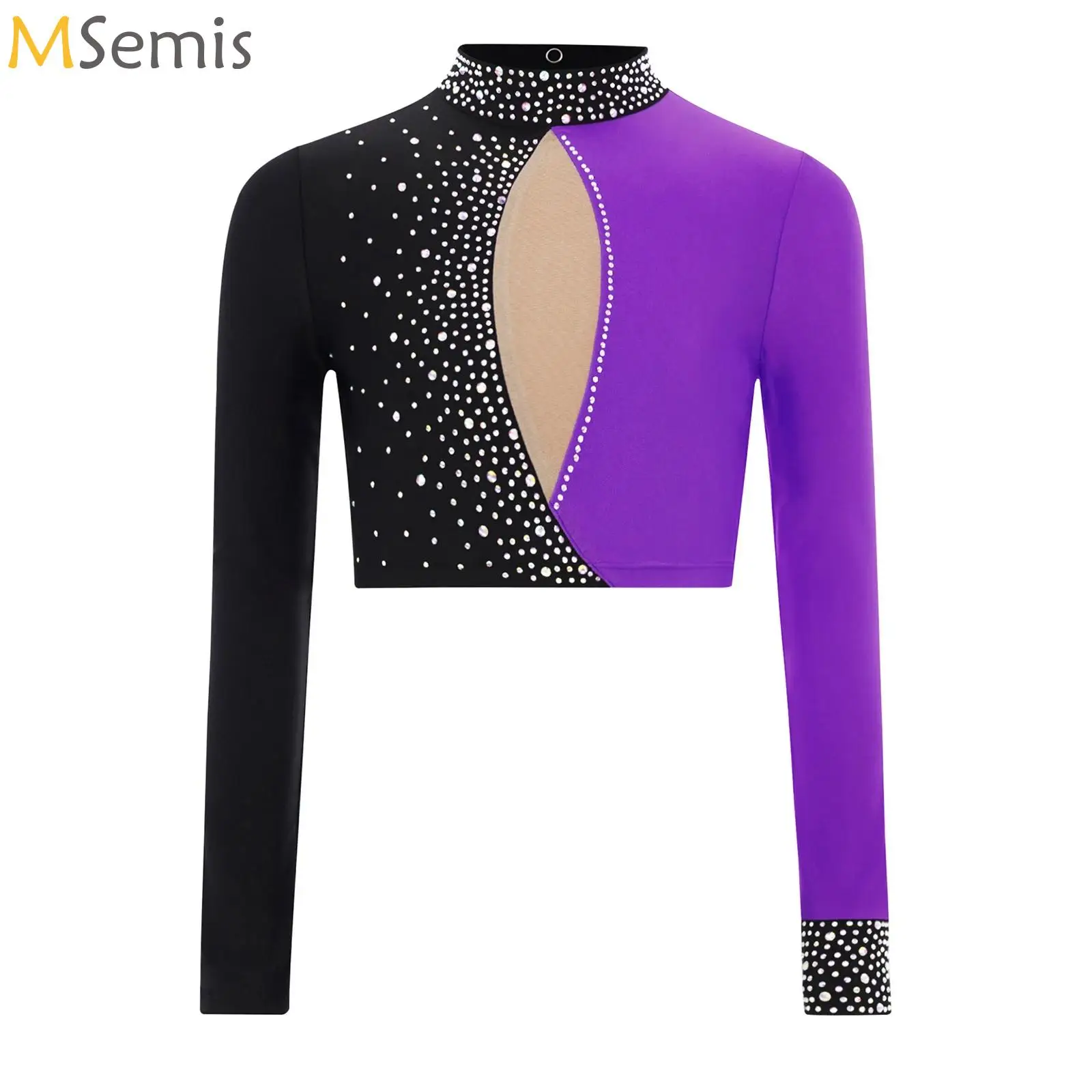

Kids Girls Lyrical Dance Tops Sheer Mesh Long Sleeves Color Block Shiny Rhinestones Pullover Crop Top Jazz Ballet Dance Costume