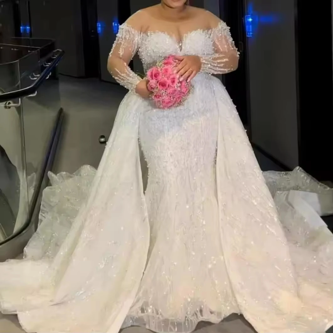 

Customized African Elegant Detachable Train Long Sleeve Lace Pearl-Embellished Mermaid Wedding Dress Bridal Gown