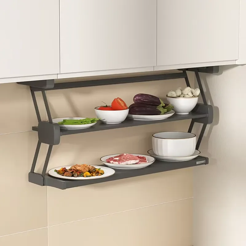 Kitchen Cabinet Foldable Shelf Pull-Down Adjustable Extensible Seasoning Bowl and Plate Storage Organizing Prep Rack