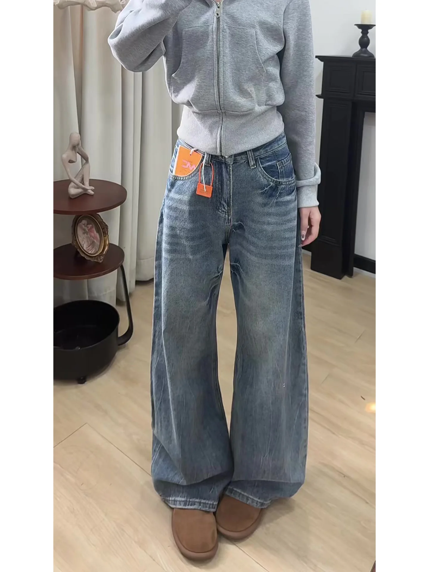 

Свободные джинсы с высокой талией и широкими штанинами, женские, светлые, прямого кроя, винтажные, зимние, новинка, с эффектом похудения