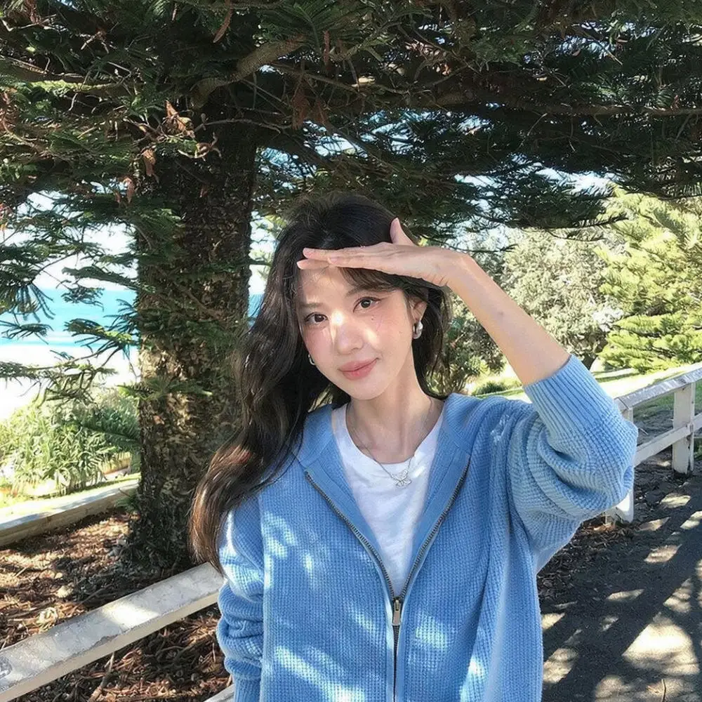 Loose Knit Cardigan Women Waffle Hooded Sweater Autumn Casual Long Sleeve Pink Soft Outerwear Korean Fashion Zip Top