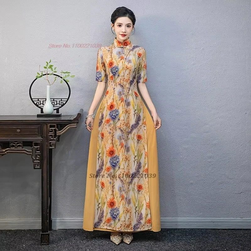 

2025 traditional vietnam vintage dress aodai national flower print folk dress chinese vintage qipao elegant evening party dress