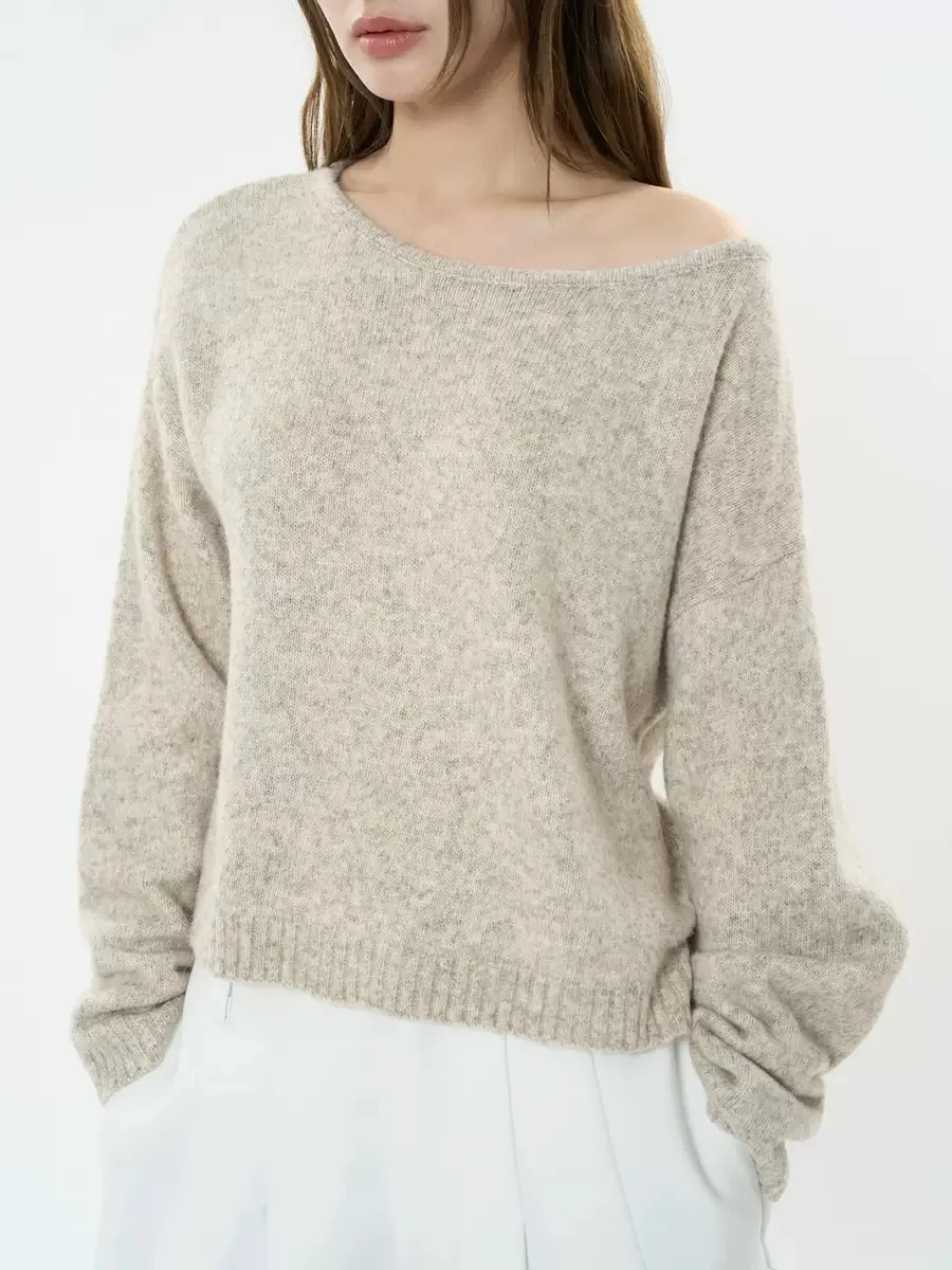 

Off-the-shoulder boat neck 100% wool knit top for women new loose pullover sweater base layer for autumn and winter