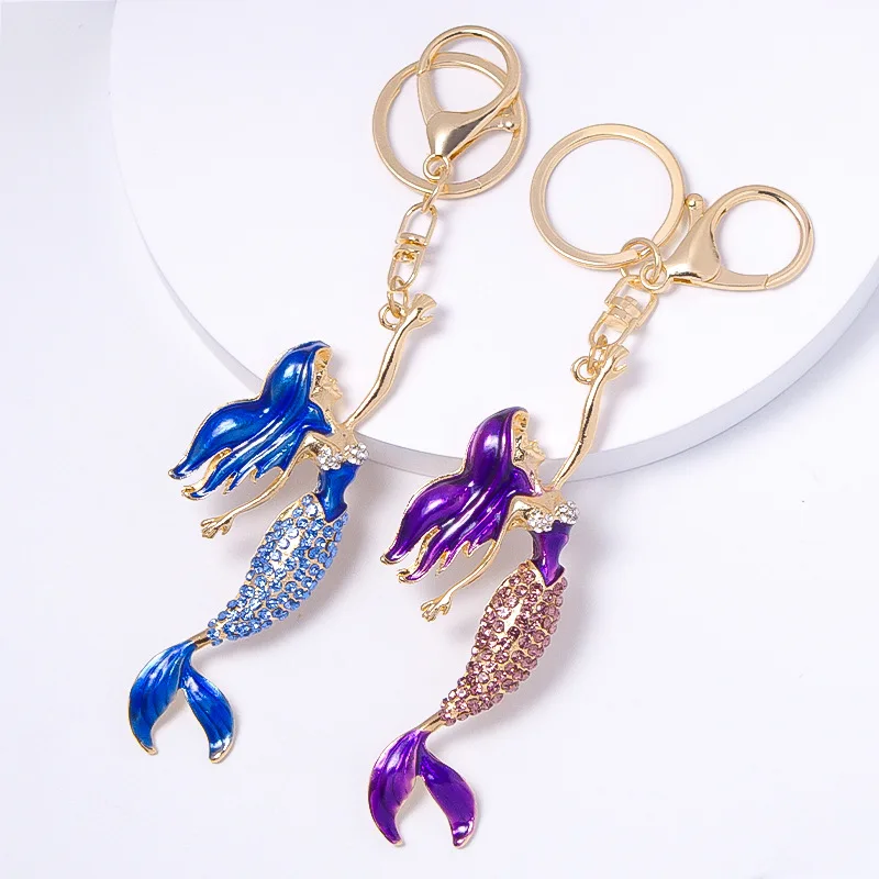 Zinc Alloy Mermaid Rhinestone Keychain Bling Sparkling Crystal Car Keyring Jewelry Gift
