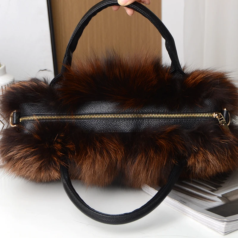 Red Fox Fur Handbag Women Single Shoulder Crossbody Bags Lady Clutch Bag Real Fur Tote Bag Winter Ladies Warm Shoulder Bags