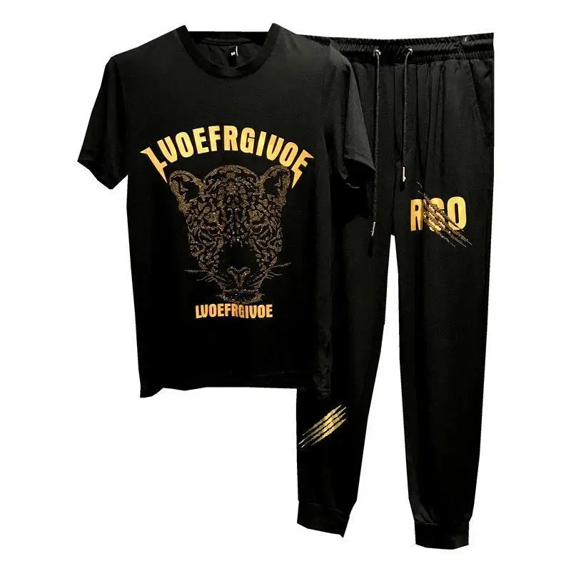 Men's spring and summer new tiger head hot diamond short-sleeved T-shirt set trendy brand slim two-piece set men