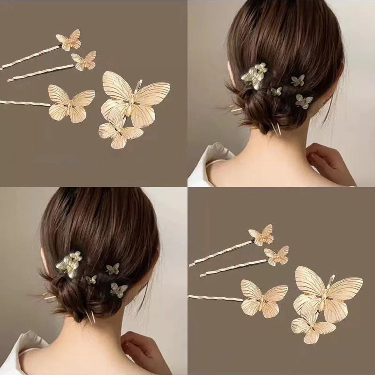 4pcs Gold Butterfly Headdress Advanced French Elegance Retro Simple Bangs Clip 3-dimensional Hair Clip Sweet Hair Accessories