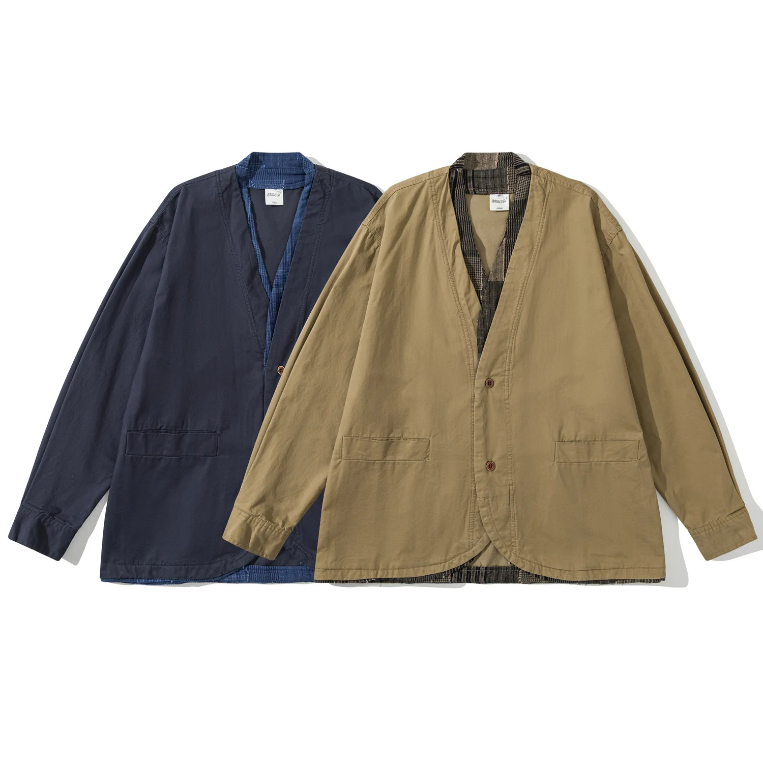 

Retro Japanese Sle Kapital Vintage Patchwork Loose Workwear Jaet ex Trendy Outerwear Cotton Long Sve No Collar