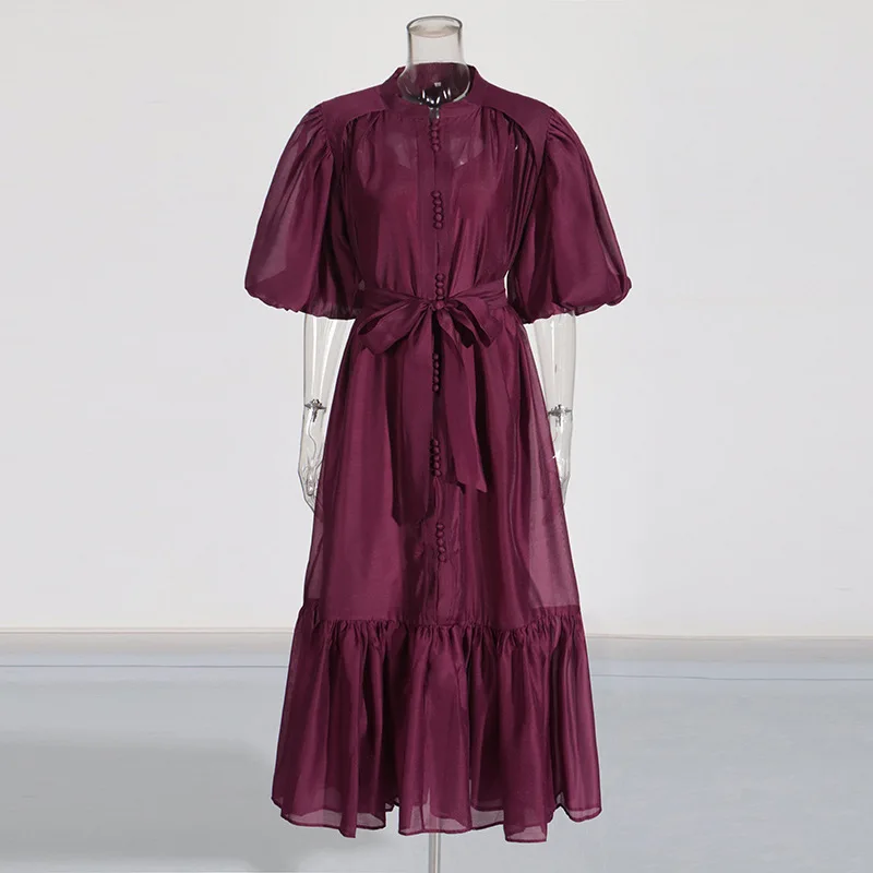 الفرنسية الرجعية نمط الدانتيل يصل فساتين الربيع المرأة نفخة الأكمام س الرقبة فستان فضفاض الصيف عالية الخصر الصلبة عادية طول الركبة فستان