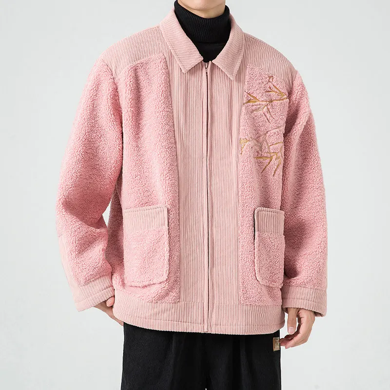 

Теплая куртка в китайском стиле с бамбуковой вышивкой, плюшевая куртка с вельветовыми вставками для пар, унисекс, зимняя верхняя одежда ​