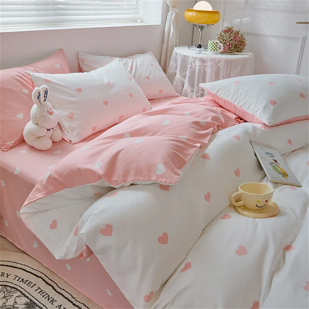 4Pcs，Love Pattern Printed Milled Duvet Cover Set Princess Style Milled Duvet Cover Set Home Milled Duvet Cover Set