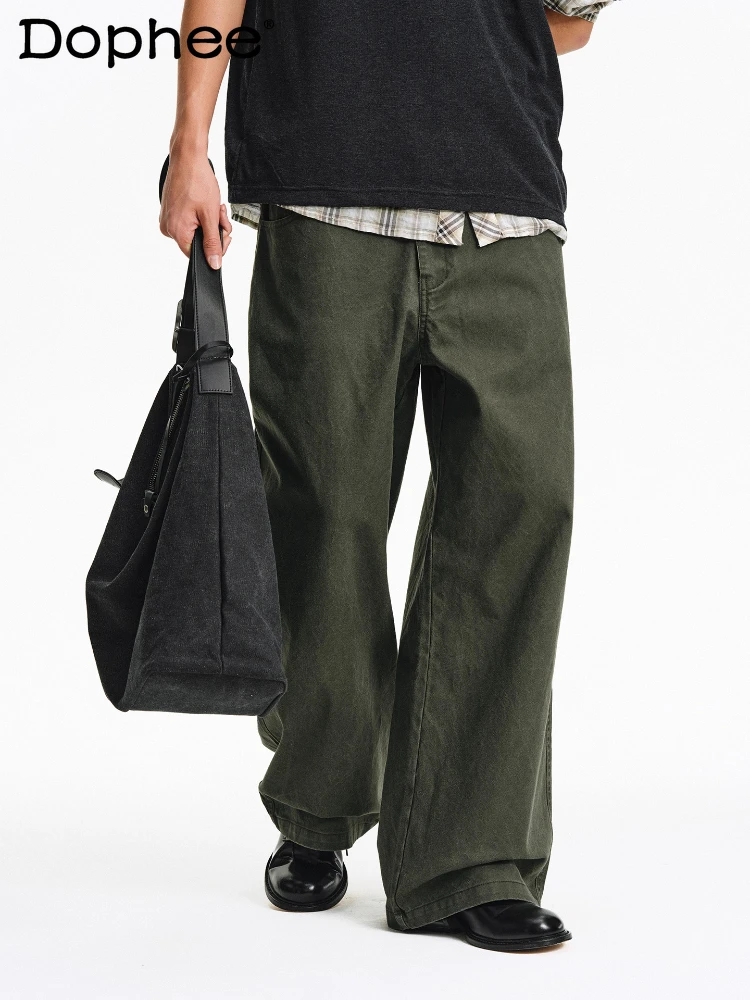 

Men's 2025 Autumn New Solid Color Cotton Wide-Leg Comfort Pants Pocket Decoration Long Pants Male Handsome Zipper Chic Trousers