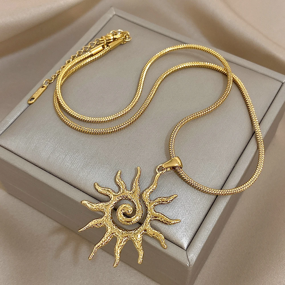 Flashbuy Vintage Chic Sun Shaped Pendant Stainless Steel Necklace Statement Golden Fashion Jewlery Gift image 6