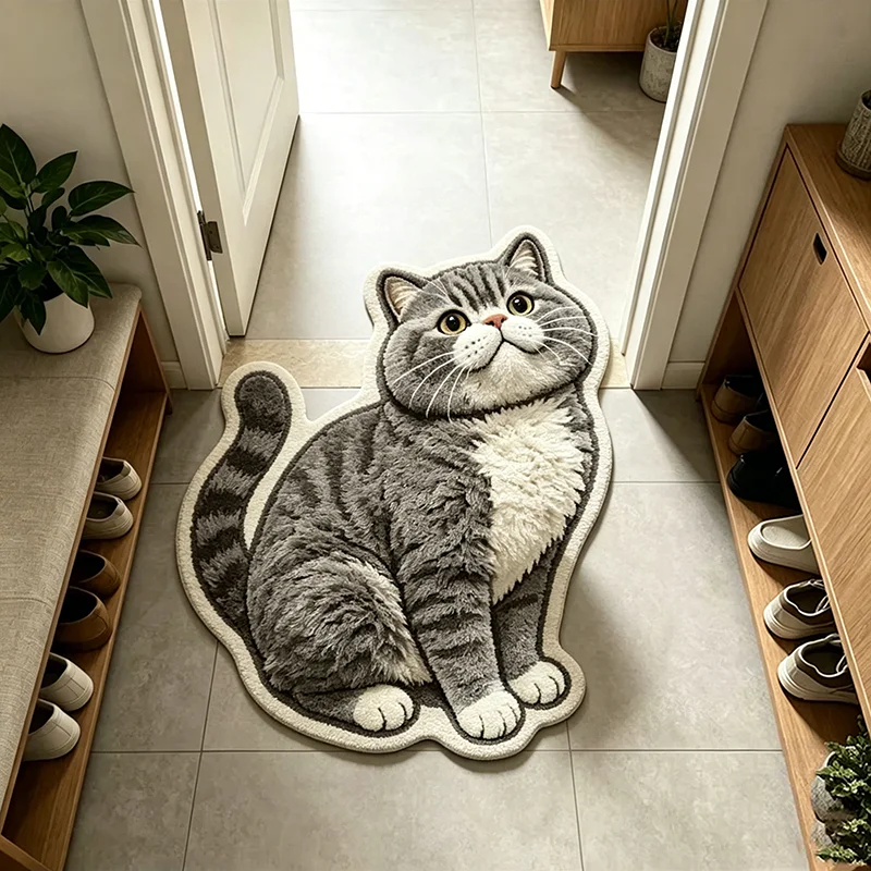 VIKAMA Grey British Shorthair Cat Doormat Absorbent Non Slip Floor Mat for Bathroom Entryway Decor
