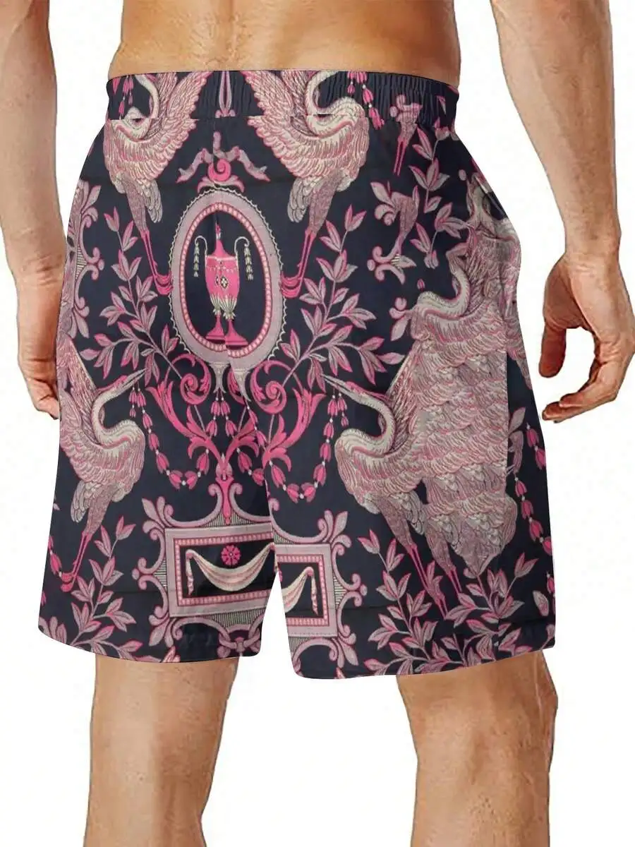 

Retro Court Style Mens Casual Summer Beach Shorts With Black And Pink Crane Print
