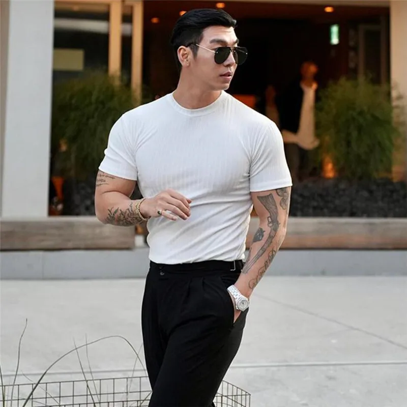 2023 Summer New Men T-shirt Male Sports Gym Muscle Fitness T Shirt Stripe Close-fitting Bodybuilding Tee Tops Men\'s Clothing