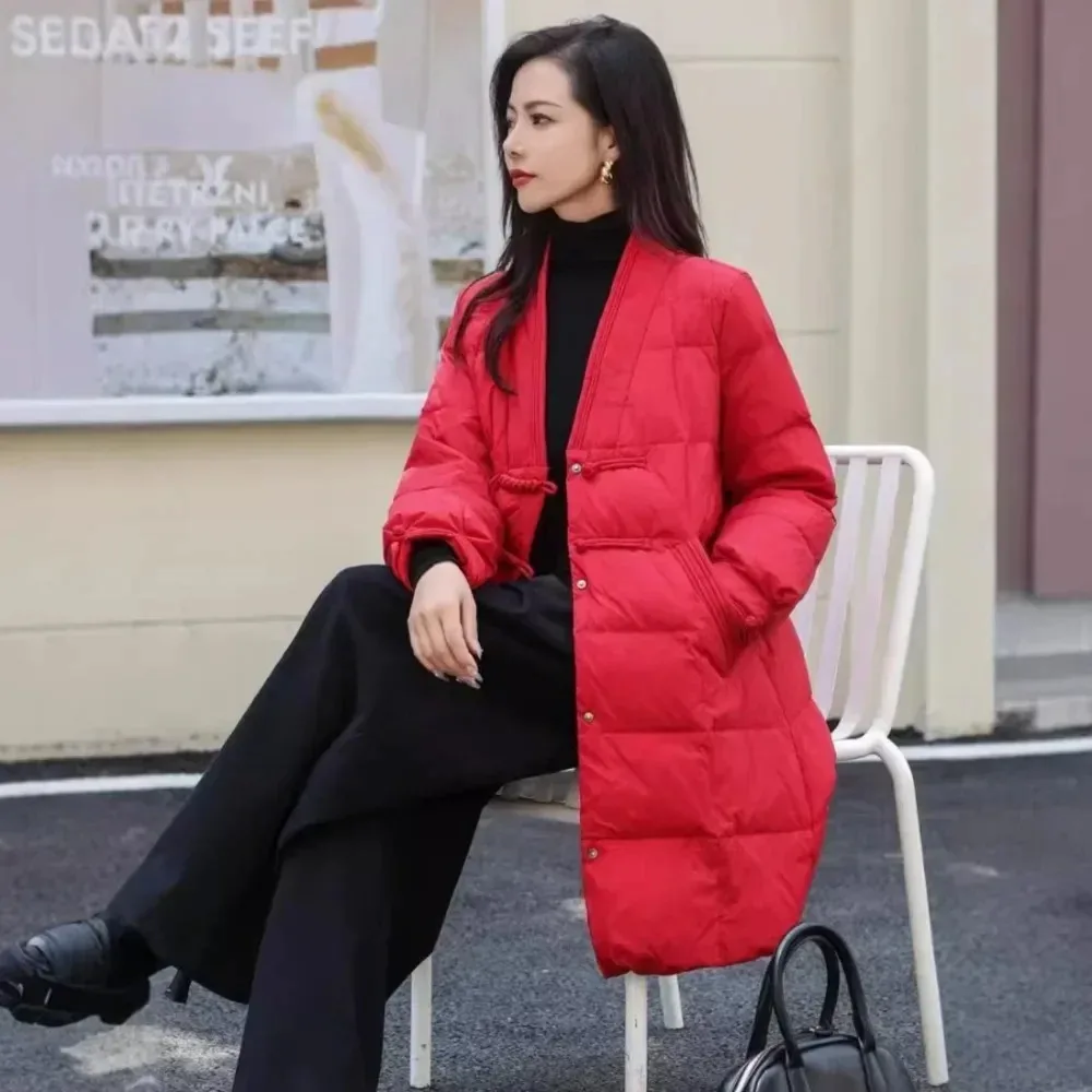 Leichter 90 % weißer Entendaunenmantel für Damen, 2025, neuer Herbst, lässig, V-Ausschnitt, warme Pufferjacke, Hemd, Frühlingsmode, Daunenjacke