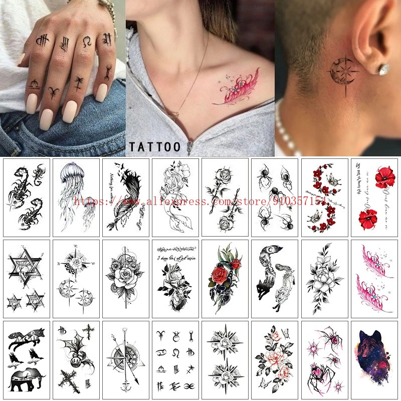 Wholesale 100Pcs Mini Temporary Tattoo Sticker Flower Animal Eagle Snake Dragon Scorpion Cross Finger Neck Body Women Man Tatoo