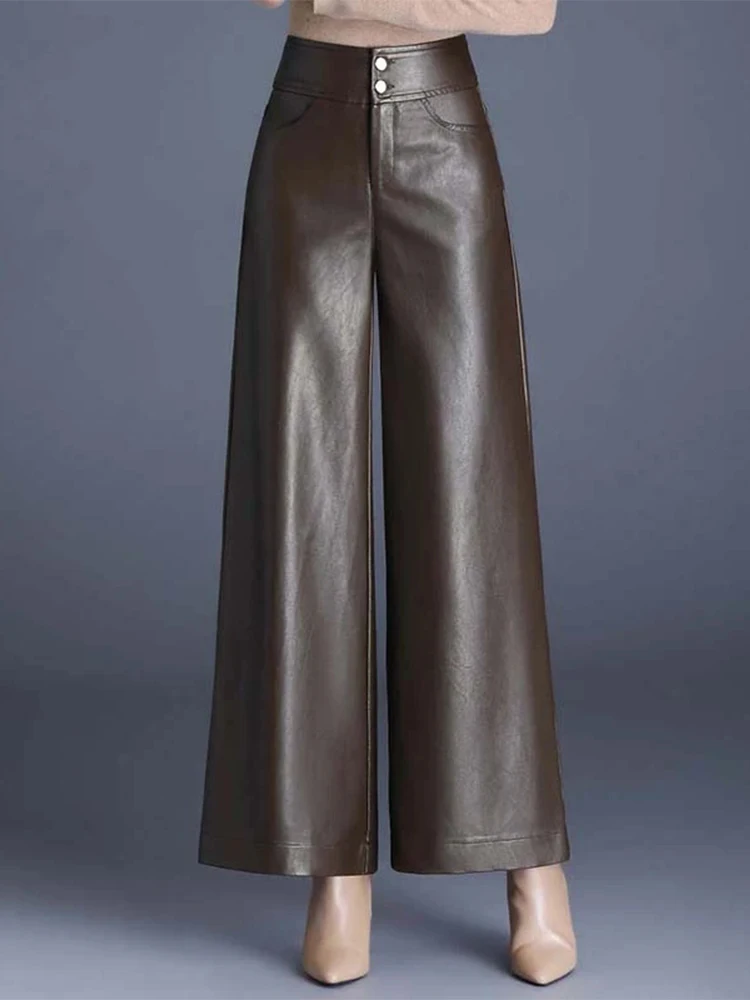 

Карамельные брюки из искусственной кожи с высокой талией и широкими штанинами, женские модные свободные прямые брюки, осенне-зимняя новинка для беременных