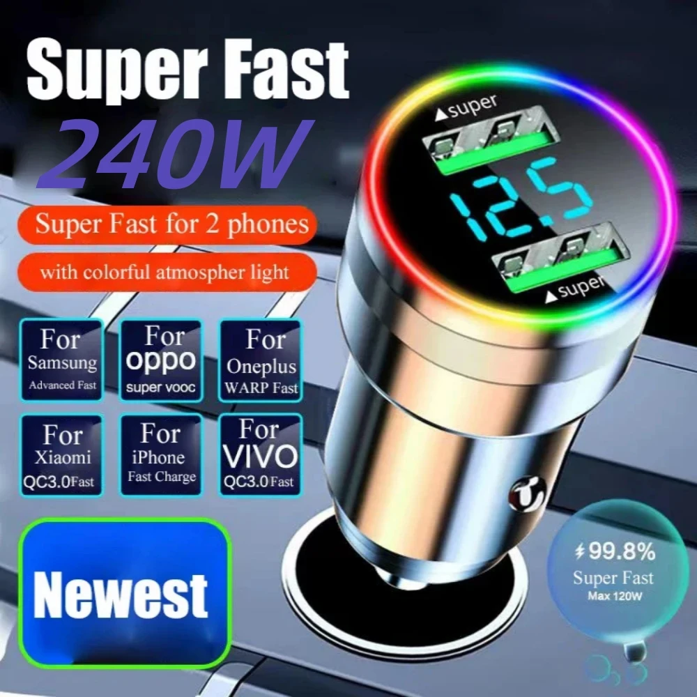 2 Port Super Fast USB Car Charger for iPhone 14 Pro Max 13 Oneplus Huawei OPPO Samsung Xiaomi 240W Quick Charging Loader Adapter