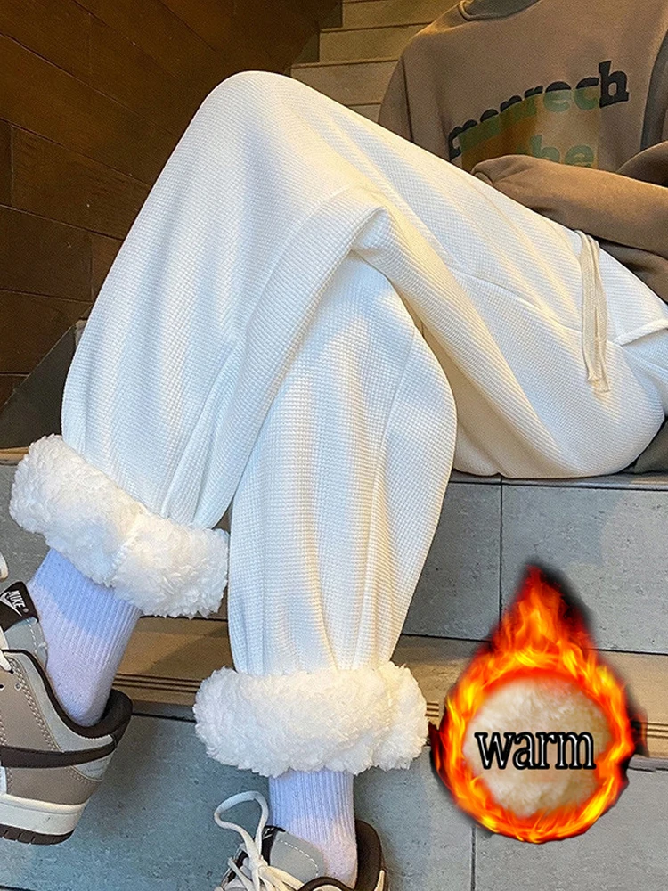 Herbst- und Winter-Fleece-gefütterte, dicke Waffelhose für Damen und Herren, lässige sportliche lange Hose, lockere Jogginghose mit geradem Bein und weitem Bein