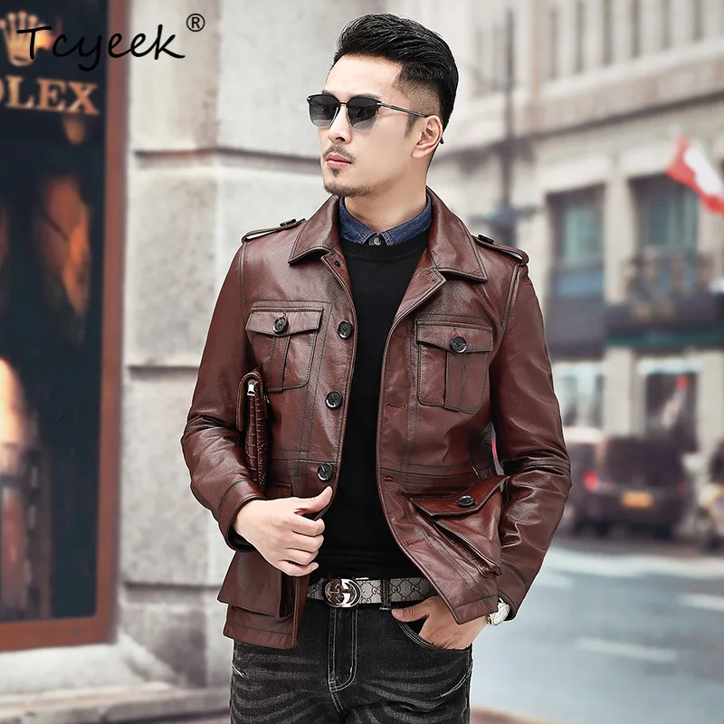 Tcyeek Real Top Layer Cowskin Autumn Winter Trendy Lapel Solid Color Men's Genuine Leather Jacket Jaqueta De Couro Masculina