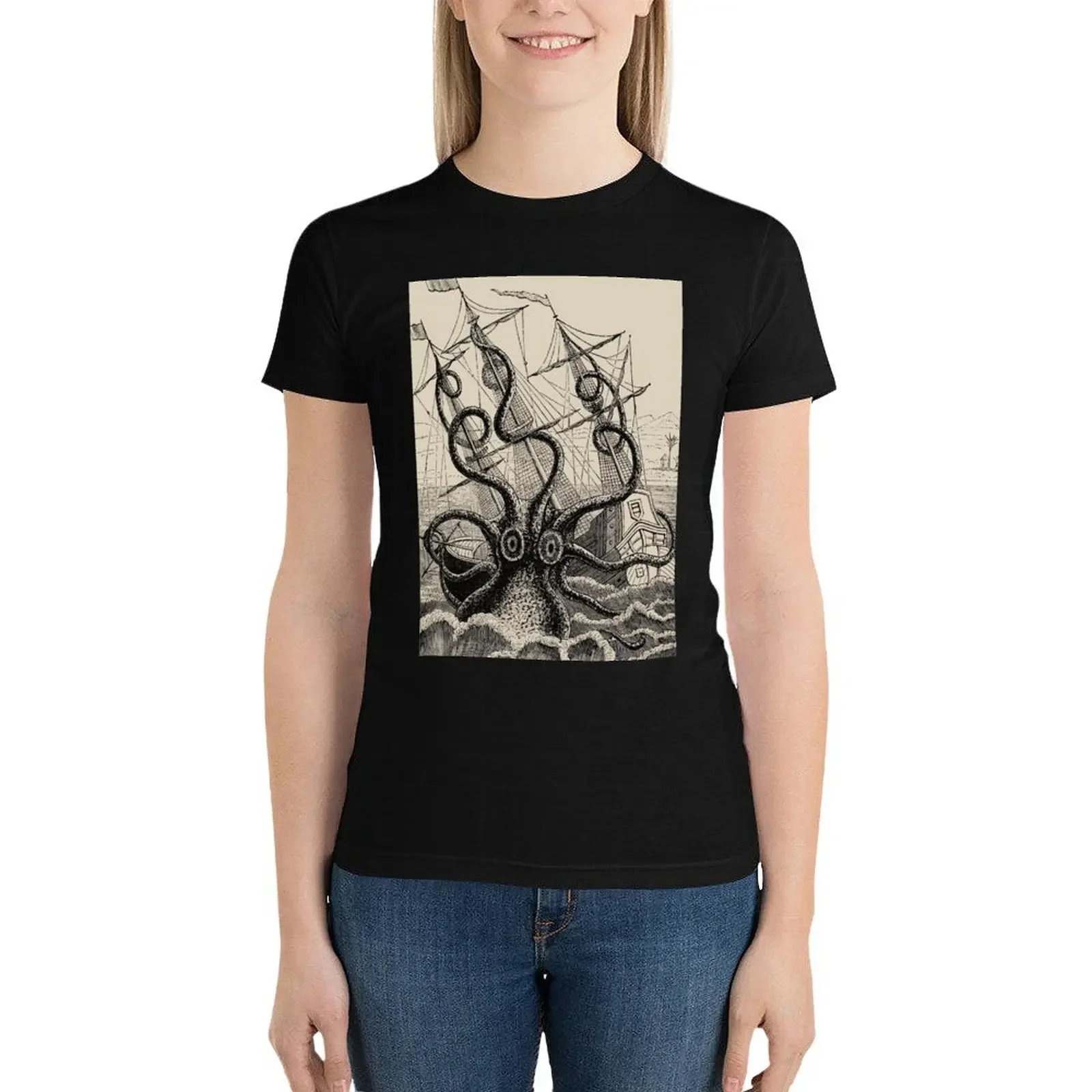 

Vintage Kraken attacking ship illustration T-Shirt aesthetic clothes Blouse t-shirt dress for Women sexy