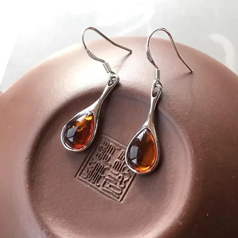 100% Real Amber Earrings for Women Party Birthday New Year Party Gift Real S925 Silver Teardrop New Natural Beads Girls Jewelry