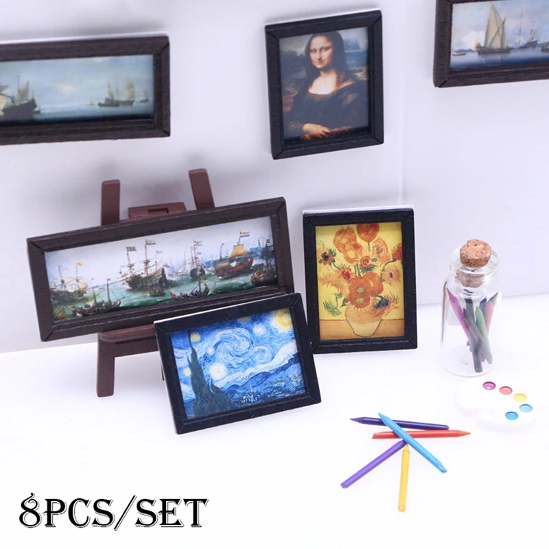 8Pcs/Set 1:12 Dollhouse Miniature Vintage Oil Painting Mural Photos Wall Picture Scene Decor Doll House Accessories