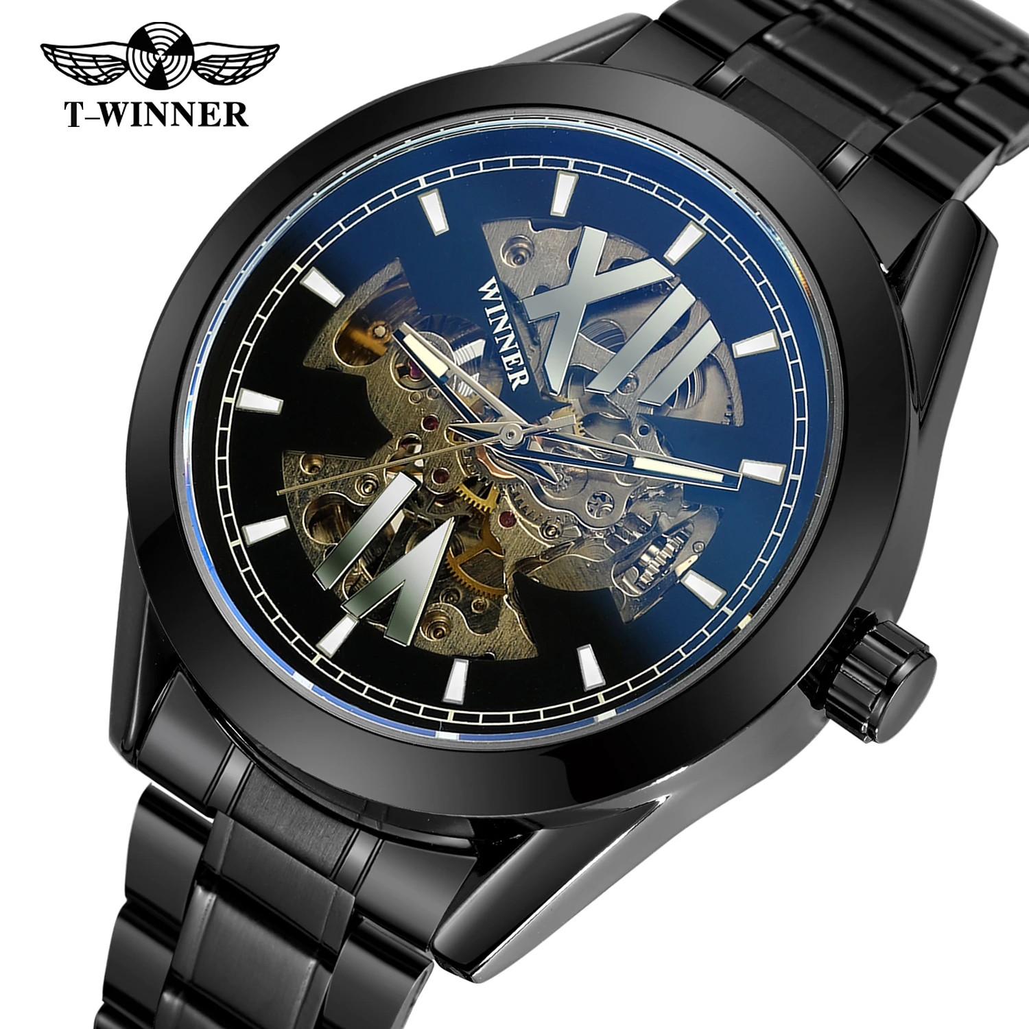 WINNER Black Skeleton Mechanical Watch for Men Luminous Pointers Busienss Automatic Watches Luxury Brand Stainless Steel Strap